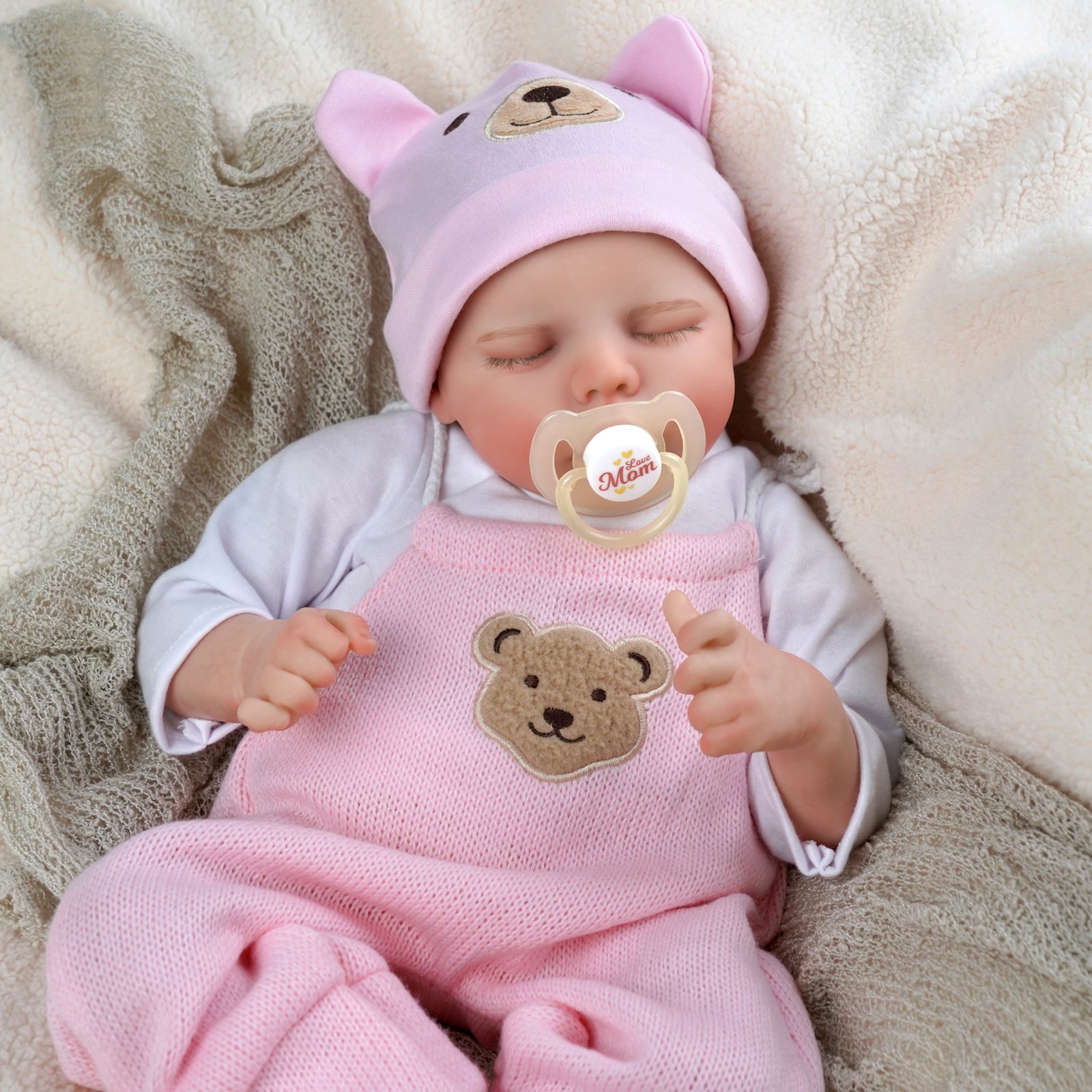 Babeside Twinnie 17" Realistic Reborn Baby Doll Cute Girl Asleep Pink Bear