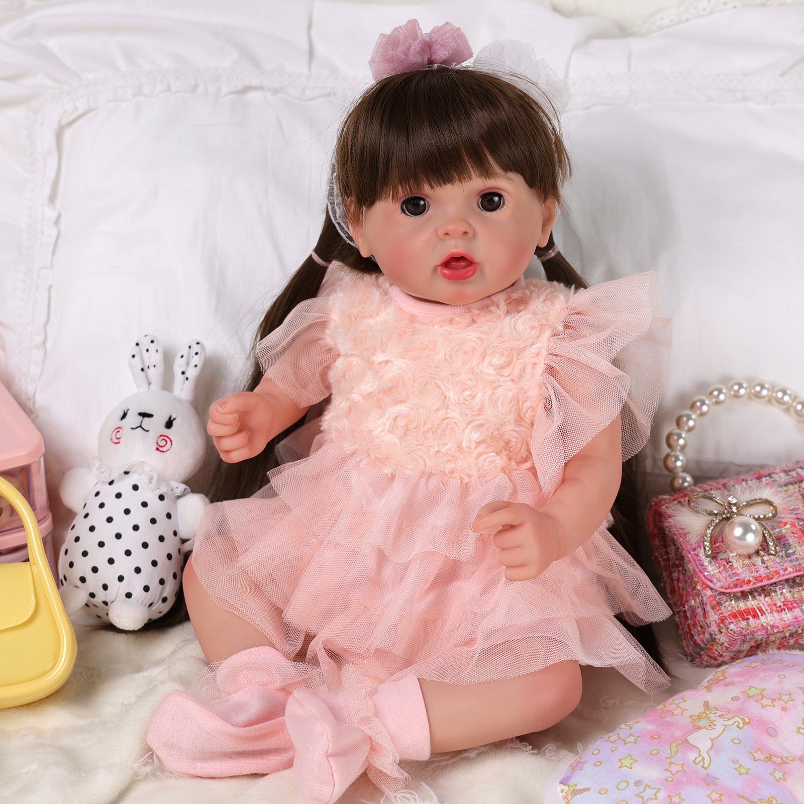 Babeside Brenda 20'' Reborn Baby Dolls Girl Open & Close Eyes Beautiful Long Brown Hair Asleep & Awake