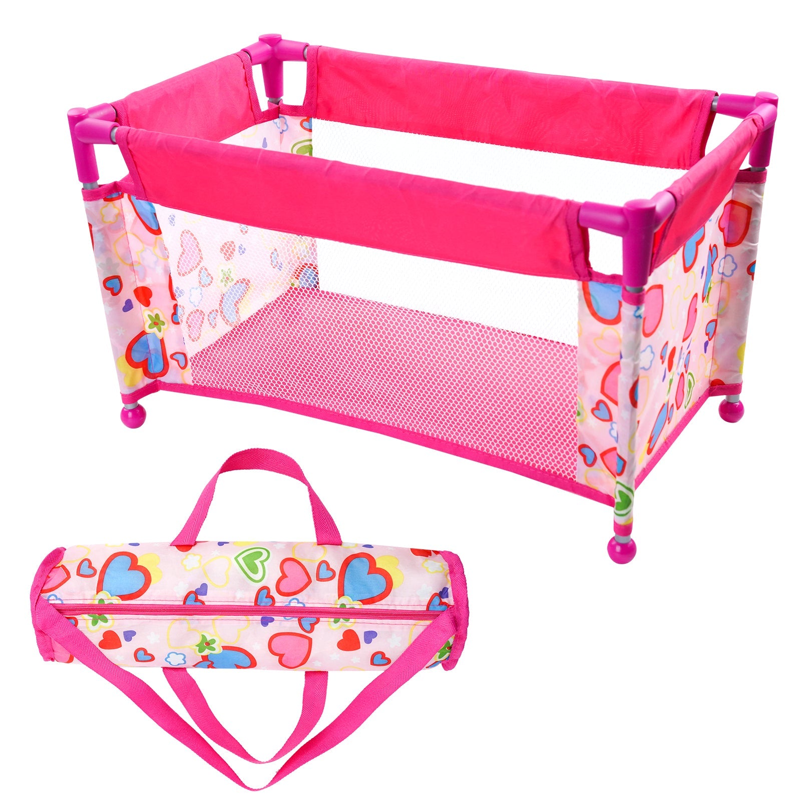 Babeside 17-22" Doll Pack N Play Baby Doll Cribs for Girls Foldable Doll Playpen Toy with Storage Bag and Removable Diaper Pad,Pink upsell