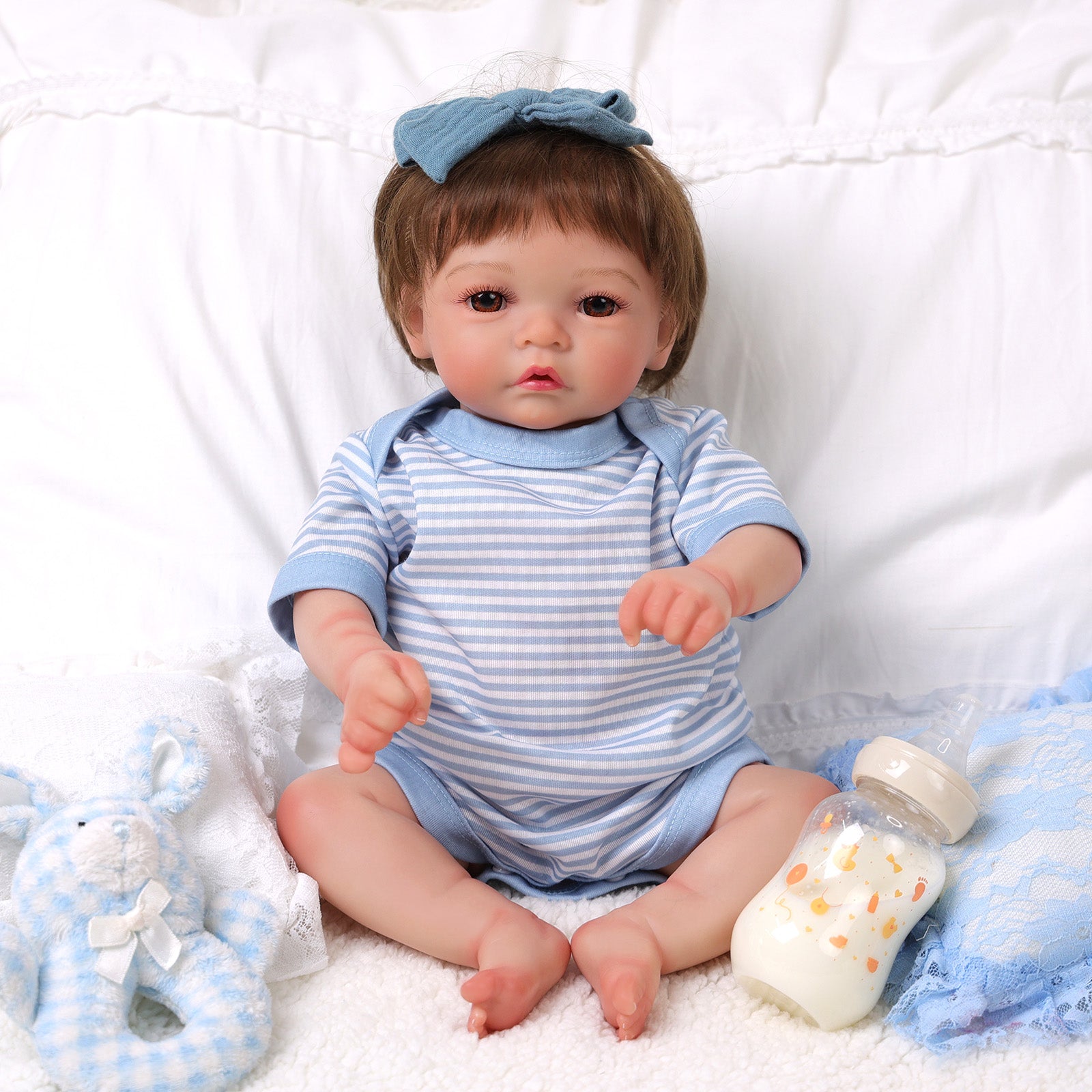 Babeside Megan 17'' Realistic Reborn Baby Doll Blue Eyes Awake Girl with Blue Stripes