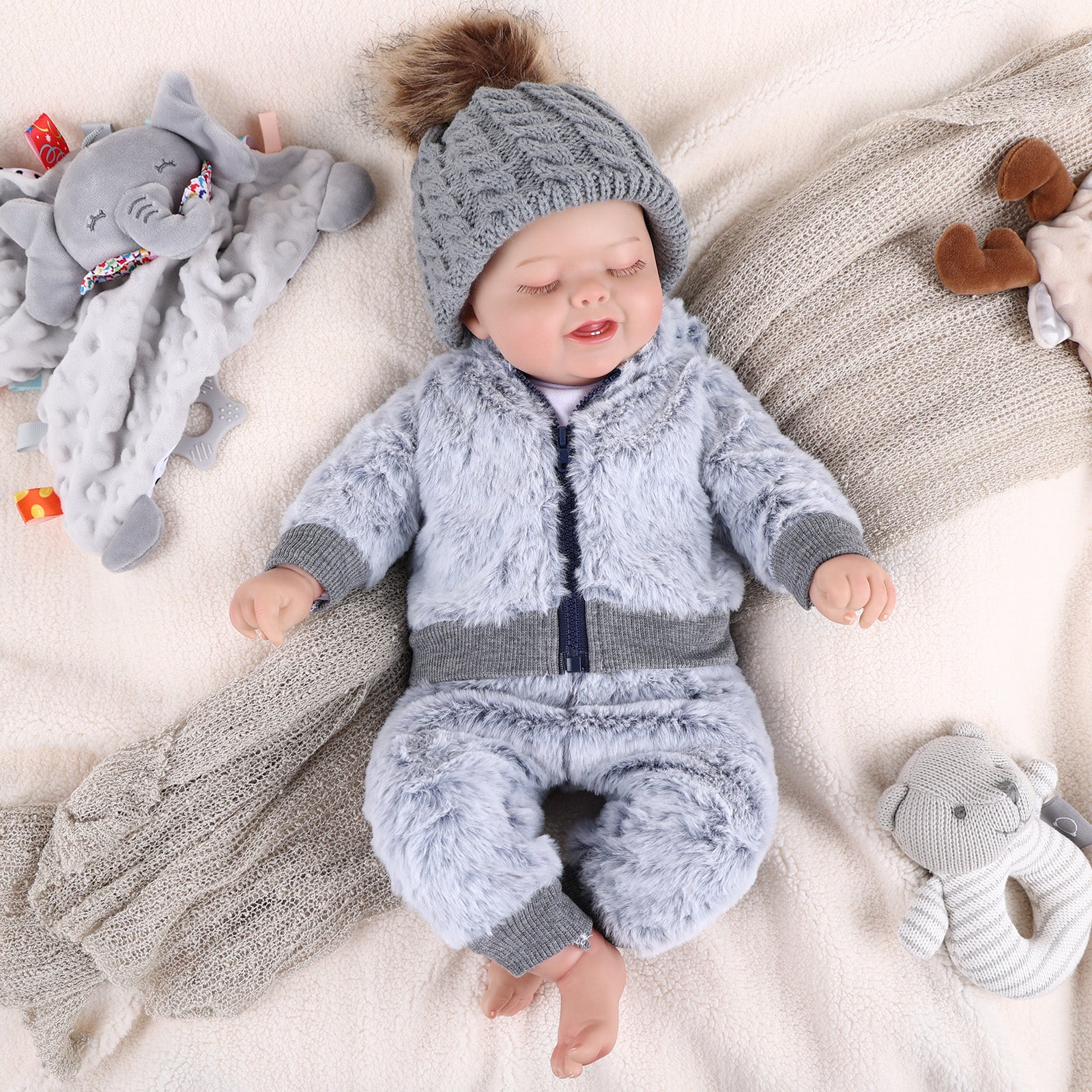 Babeside 20" Sleeping Infant Baby Hand-Painted Hair Boy Gray Plush Suit Bobby