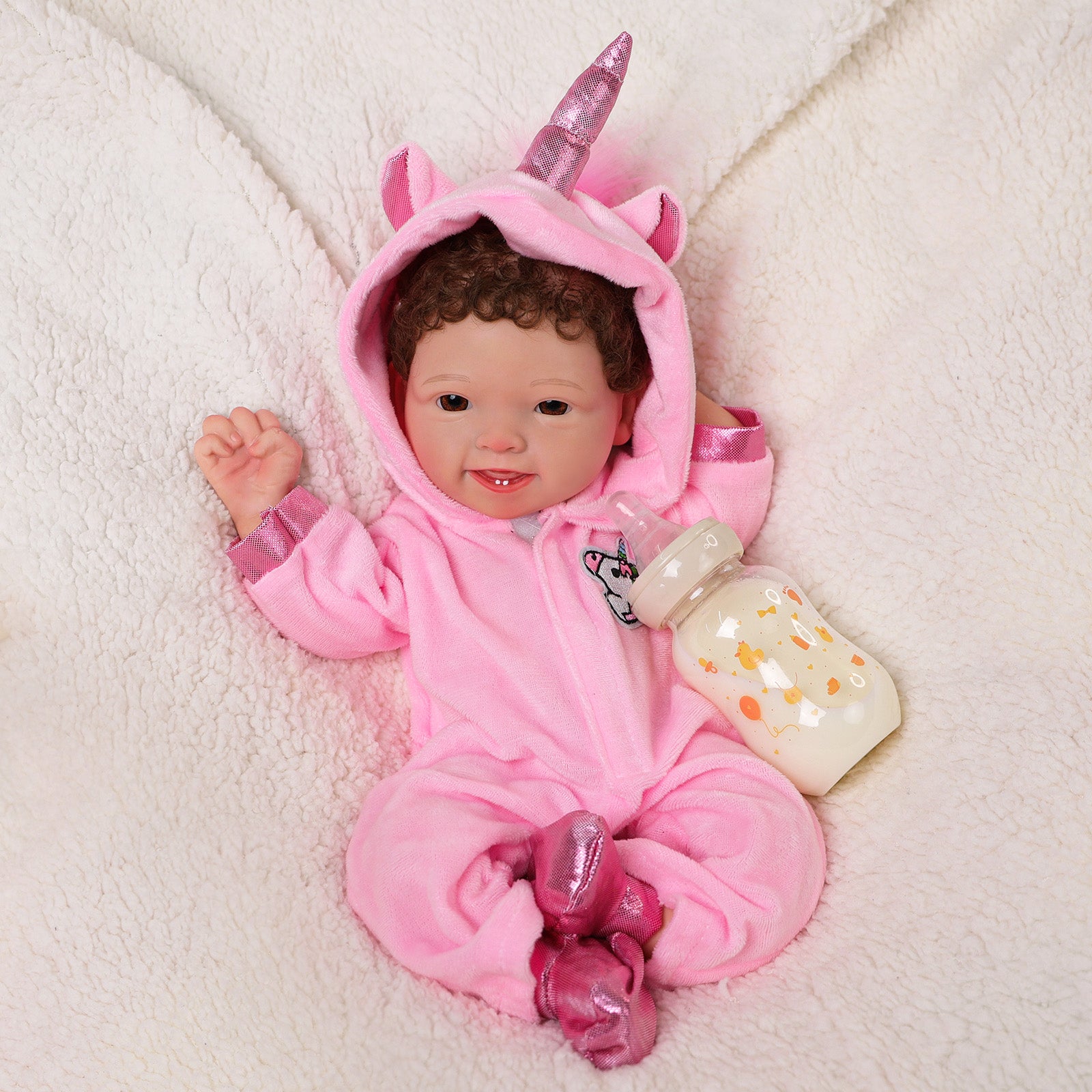 Babeside Mia 16" Full Silicone Reborn Baby Girl Awake Brown Eyes Lovely Pink Unicorn