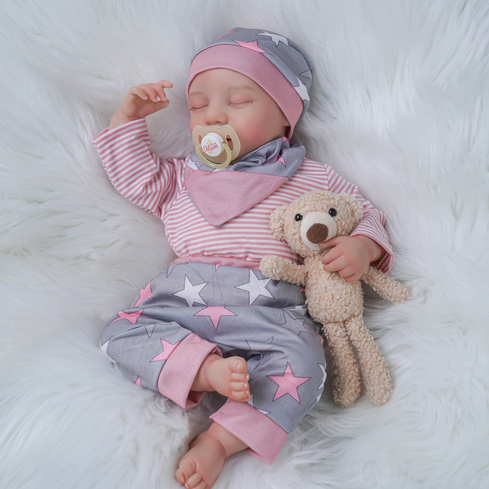 Babeside Lauren 20'' Realistic Reborn Baby Doll Sleeping Sweet Boy Star Grey Pink With Heartbeat Coos And Breath