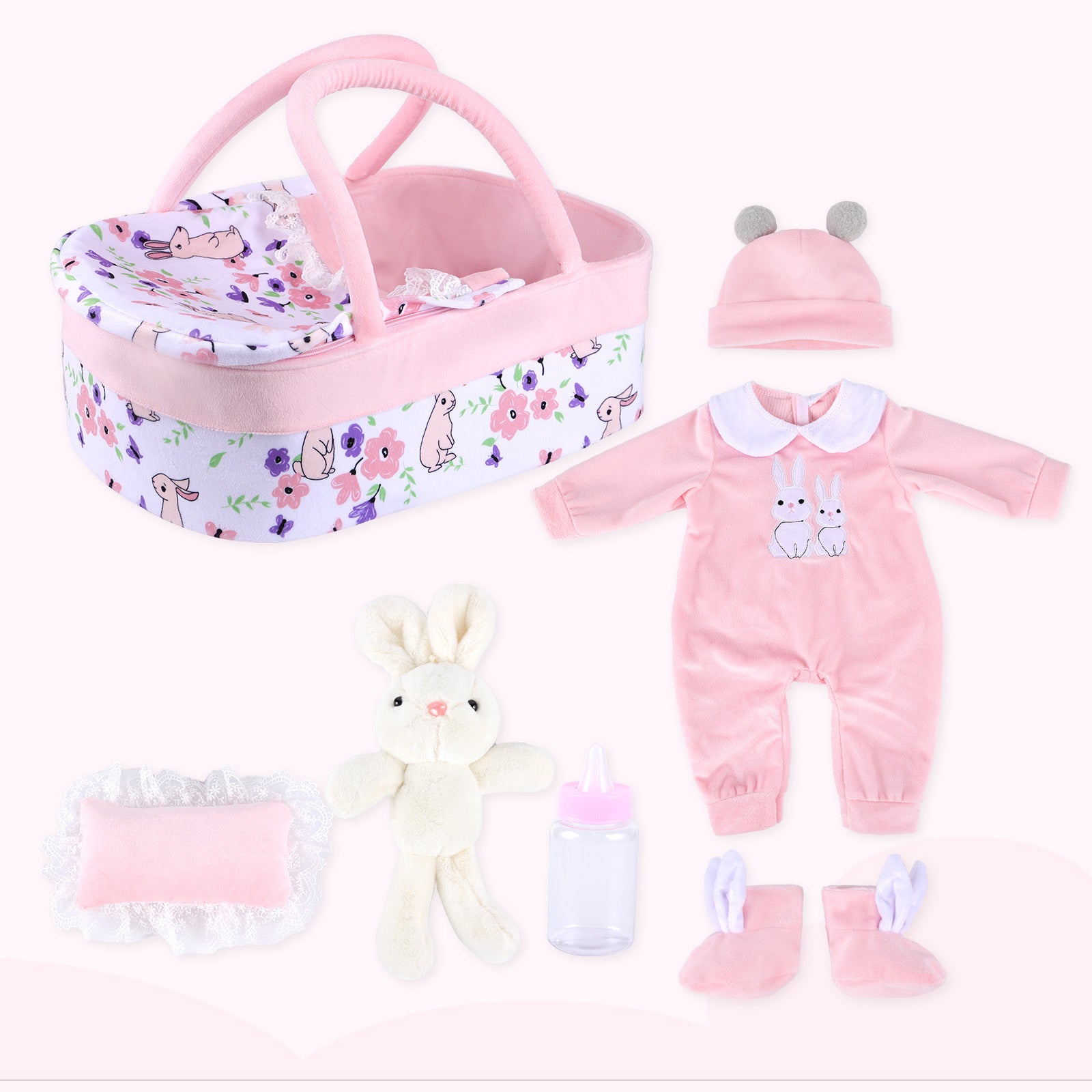 [Suitable for 17-22'' Dolls] Babeside Reborn Baby Essentials-8pcs Set Pink Rabbit