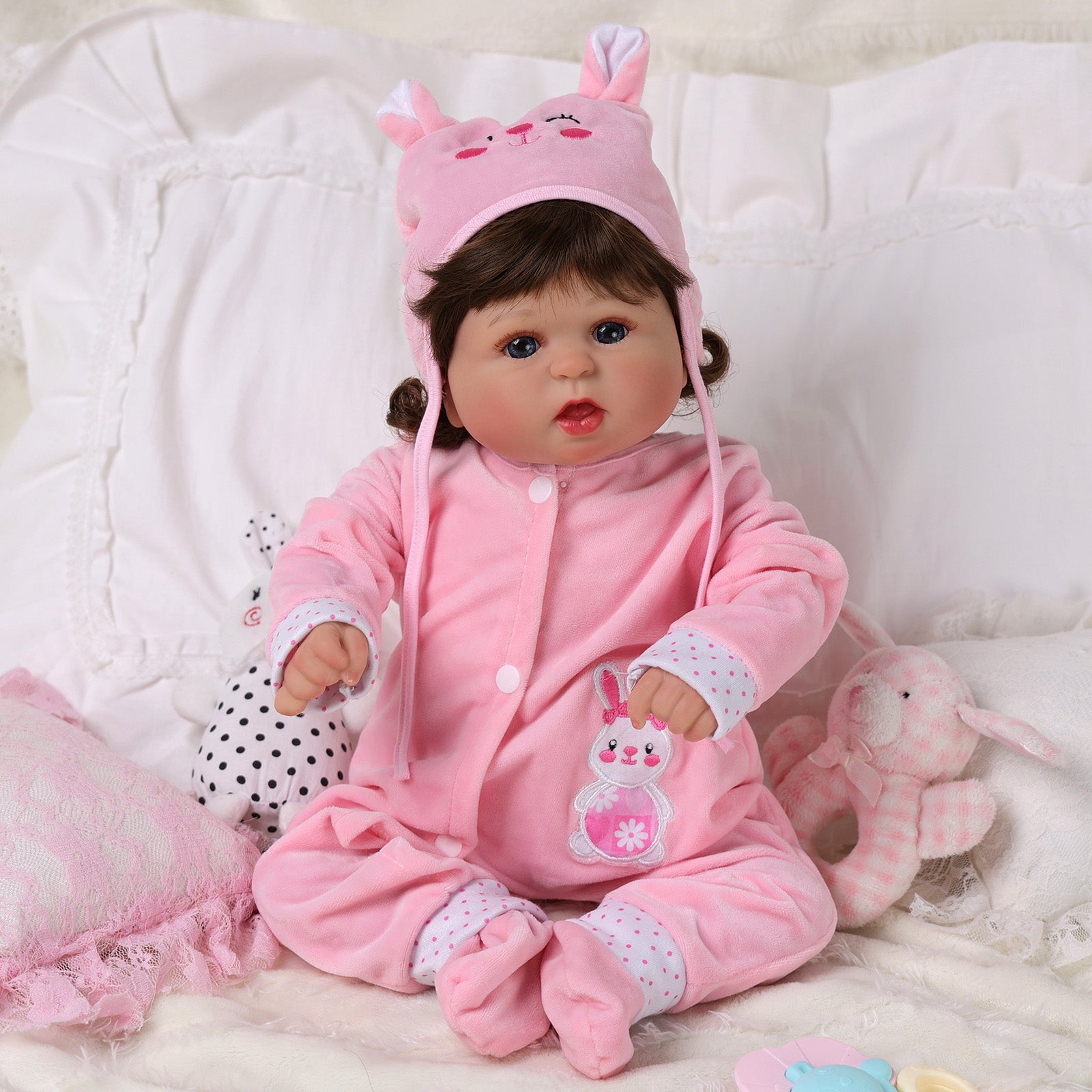 Babeside Bailyn 20'' Realistic Reborn Baby Doll Blue Eyes Awake Girl Winter Pink Rabbit