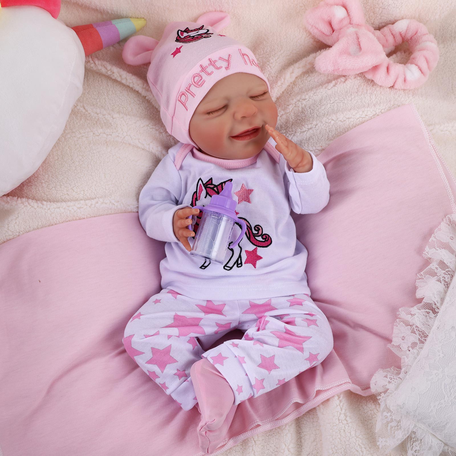 Babeside 20" Sleeping Infant Pink and White Unicorn Girl Angel with Heartbeat Coos and Breath