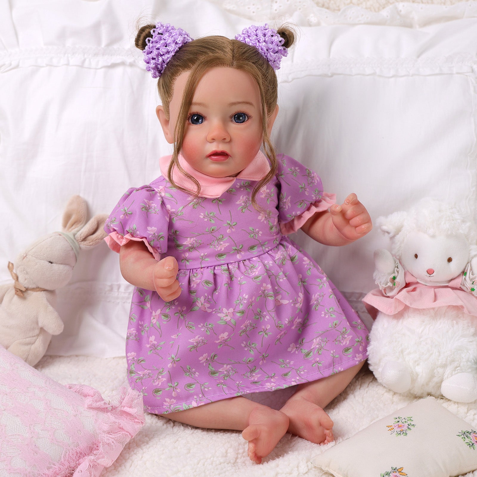 Babeside Daisy 20'' Reborn Baby Doll Girl Purple Flower Awake Long Brown Hair Lovely Lifelike