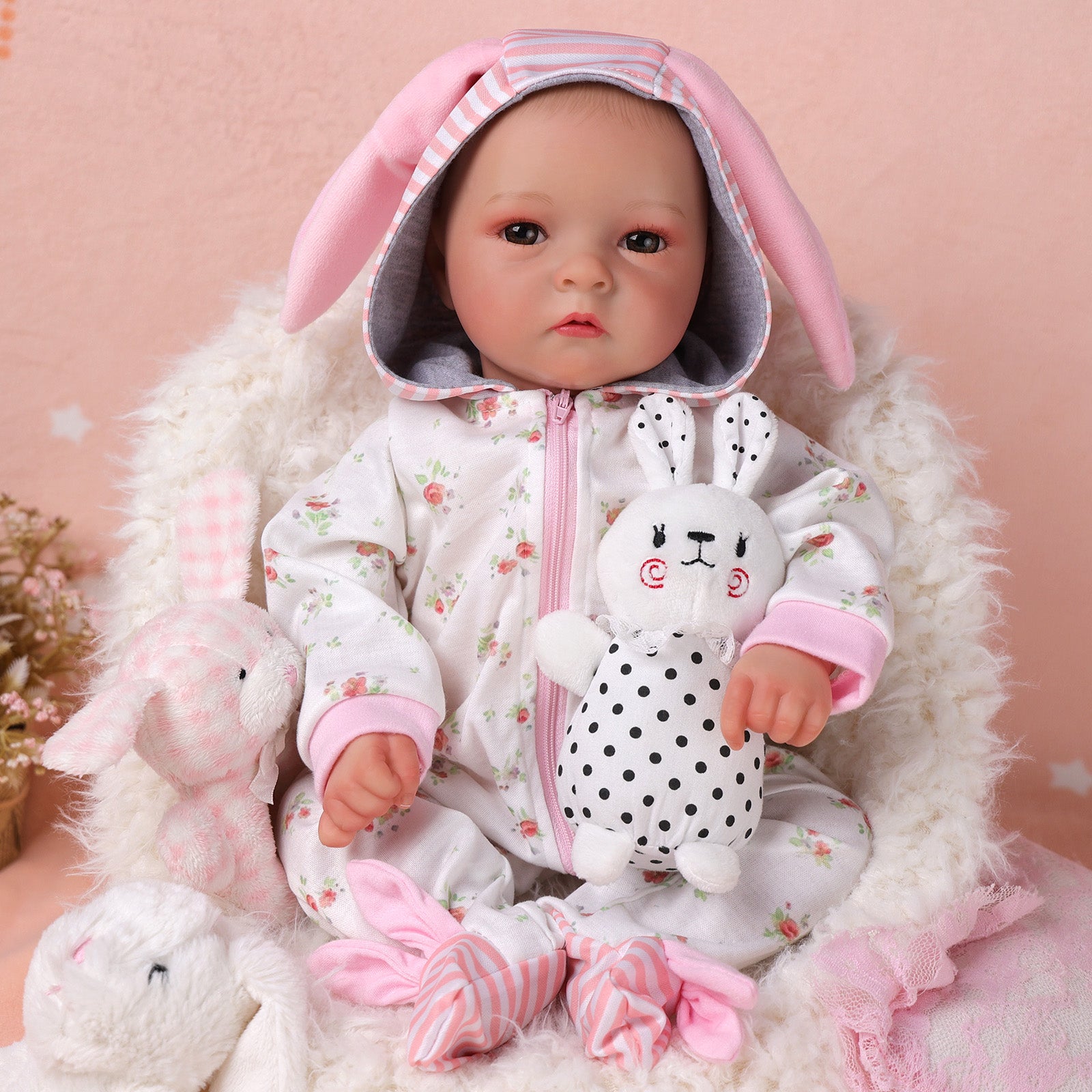 Babeside 17'' Reborn Baby Doll Brown Eyes Awake Girl Tate - Pink & White Style