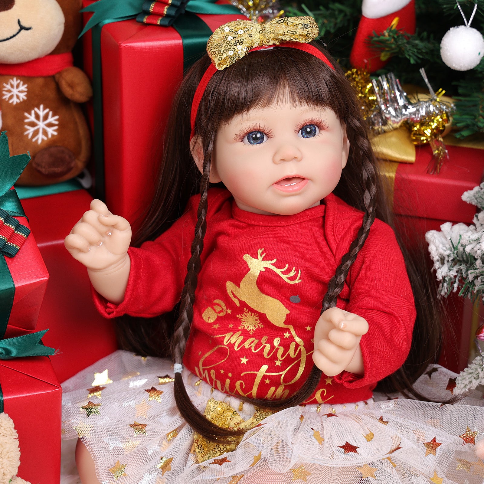 Babeside Stella 20'' Chrismas Awake Realistic Baby Girl Blue Eyes Brown Hair