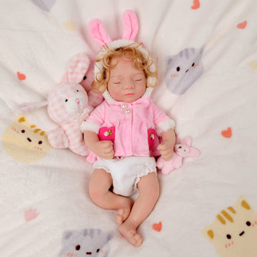 Babeside Aurora 12'' Full Silicone Reborn Baby Doll Sleeping Girl Cute Fluffy Pink Rabbit