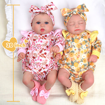 Babeside Connie & Bailyn 20'' Realistic Reborn Baby Doll Girl Awake ＆ Asleep Twins Pink ＆ Yellow Floral