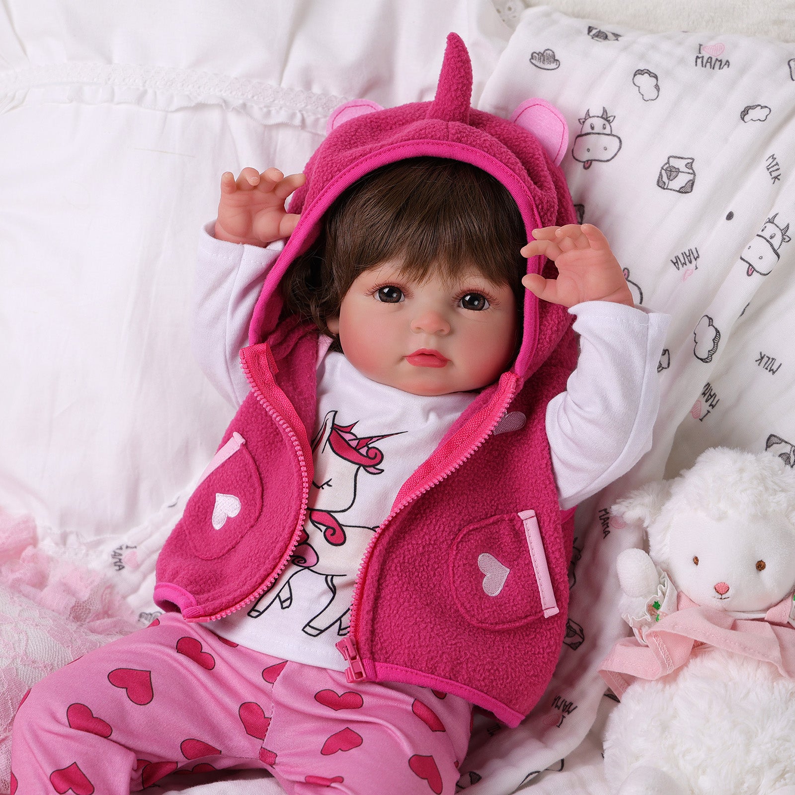 Babeside Ama 20'' Reborn Baby Doll Girl Awake Long Brown Hair Lovely Lifelike Pink Red Love Heart