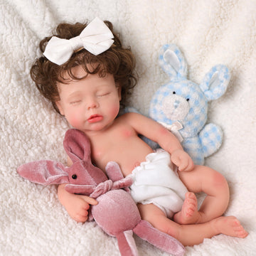 Babeside Lucy 12'' Full Silicone Realistic Reborn Baby Doll Sleeping Sweet Girl with Blue Dress(Pre-Order, Ship Date: March 10）