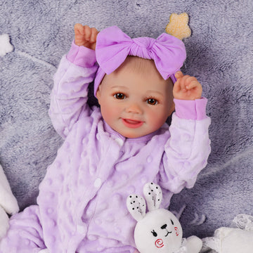 Babeside Sunny 17'' Reborn Baby Doll Adorable Brown Eyes Purple Crawl Suit Girl