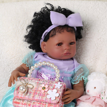 Babeside Laney 20'' Realistic Reborn Baby Doll African American Girl Purple Shiny Dress