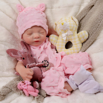 Babeside Aurora 16'' Full Silicone Reborn Baby Doll Girl Sleeping Adorable Pink Bunny