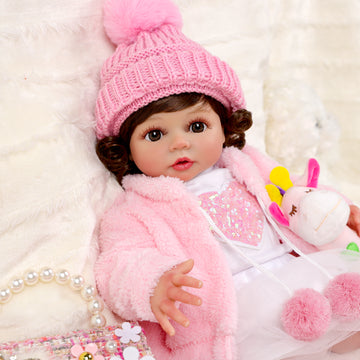 Babeside 20'' Adorable Reborn Baby Doll Dark Brown Eyes Charming Winter Girl Lara Pink Hat